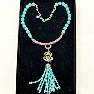 Heidi Daus Dark Multicolor Crystal Faux Turquoise Bronze Pendant Necklace in Box